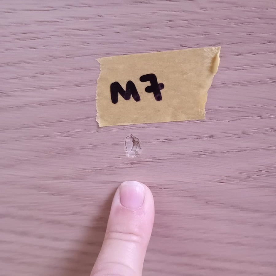 Deep scratch on interior joinery — after