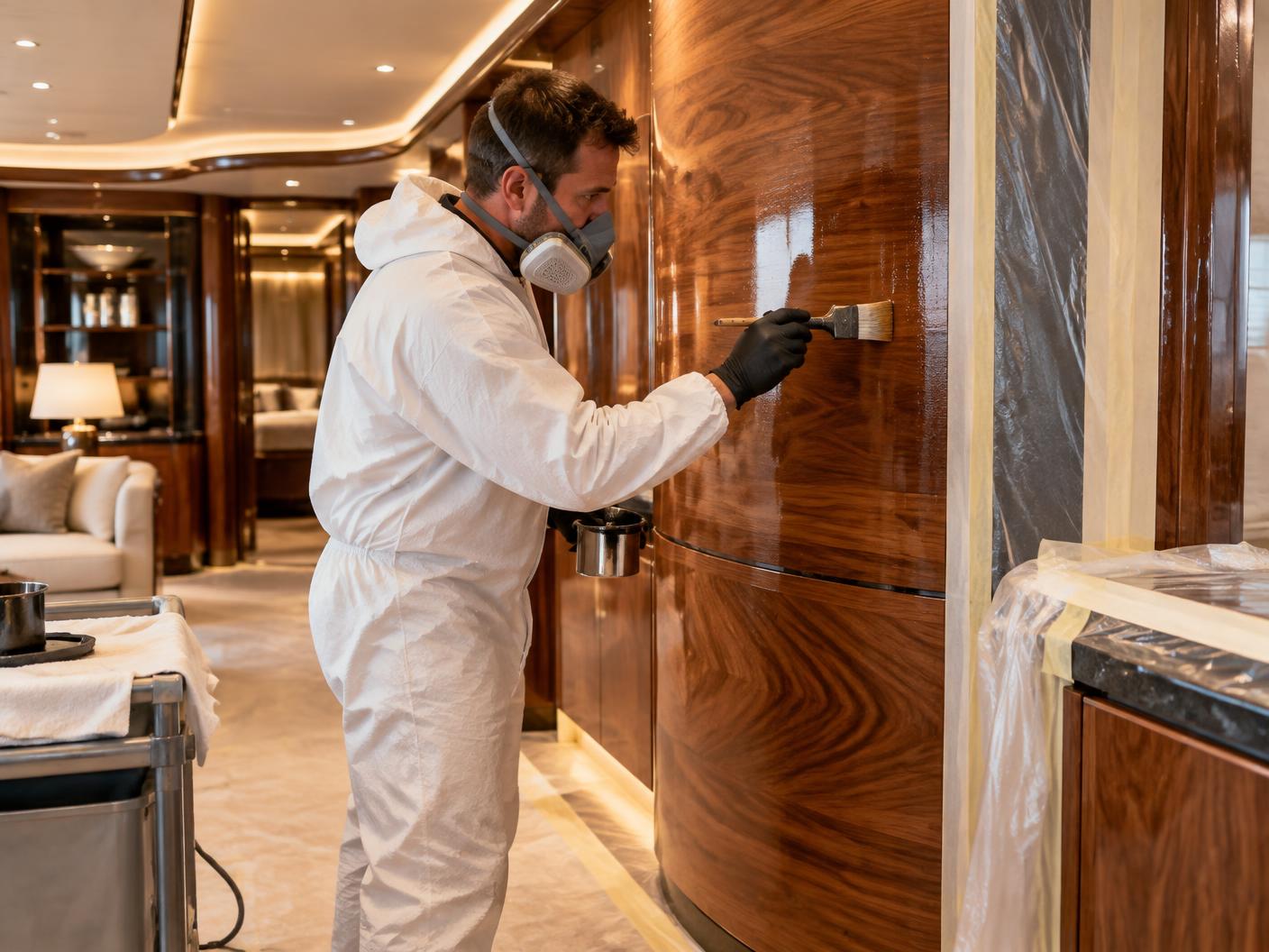 Craftsperson varnishing wood panelling inside a superyacht